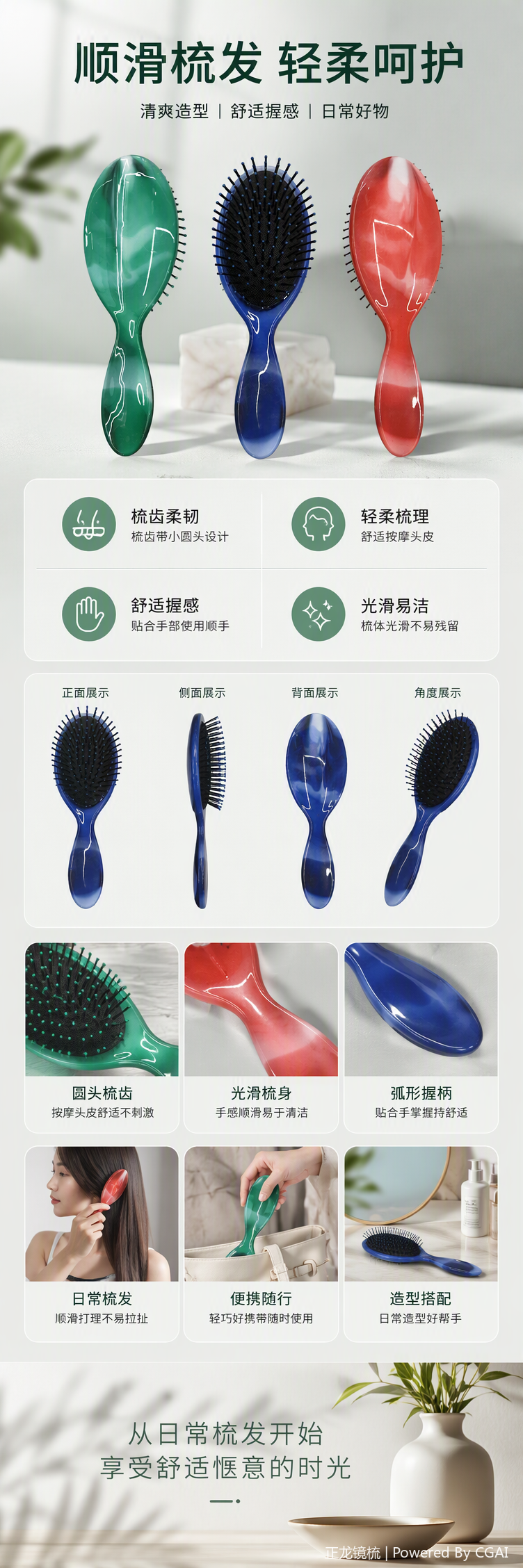 多色三把梳子套装防静电柔顺发梳理发工具男女通用多彩造型梳详情1