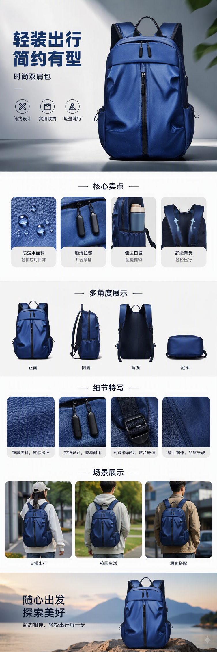 时尚休闲大容量学生背包防水蓝色潮流旅行户外运动包男女通用详情1