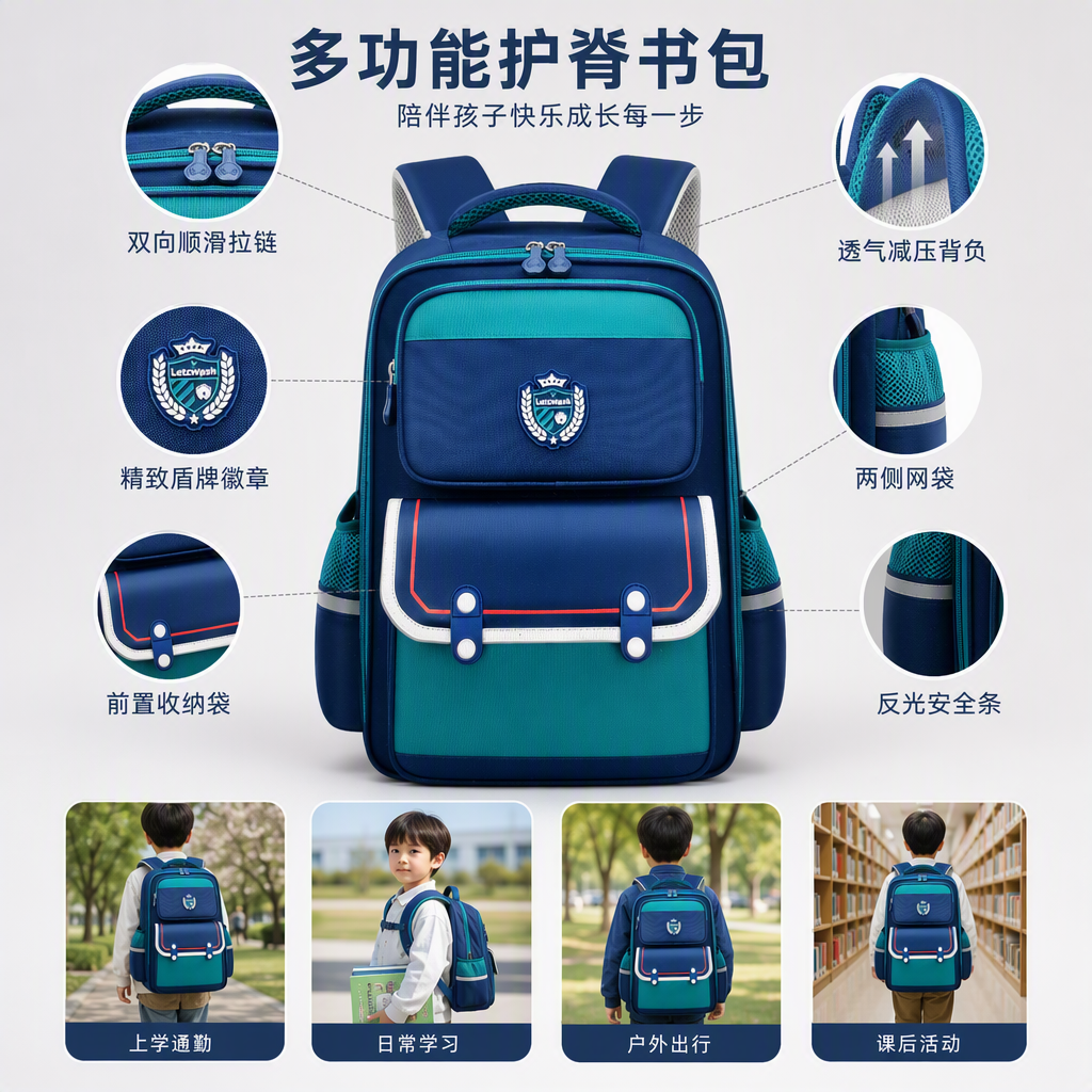 学生书包时尚蓝色绿色边学院风轻便耐用儿童背包校园用品