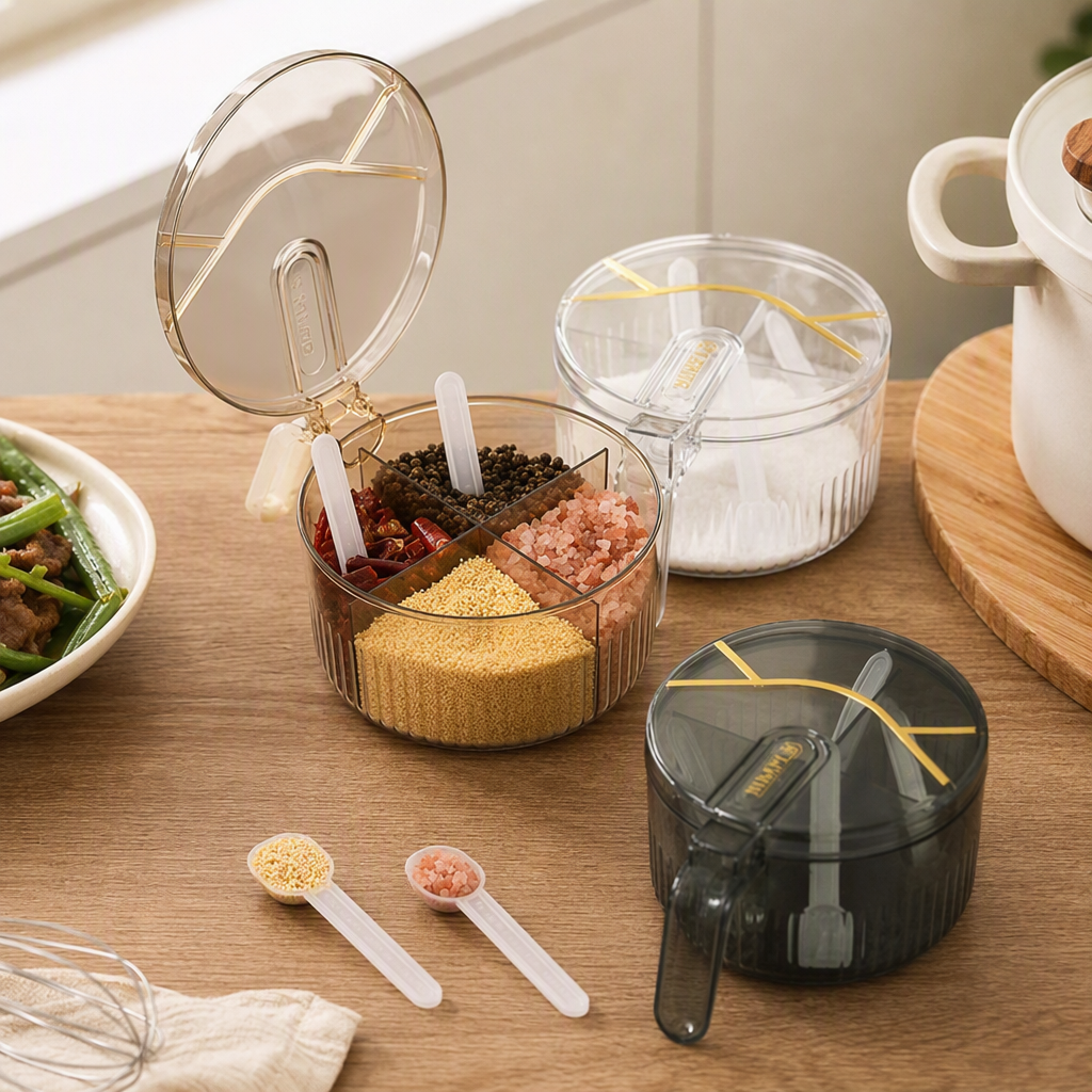 Multi-compartment transparent seasoning box, kitchen storage container for seasonings, organizing and storage box, portable kitchenware supplies details Picture