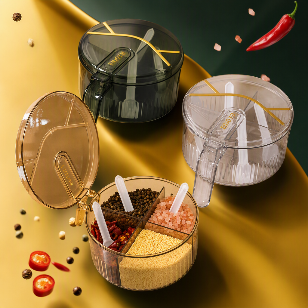 Multi-compartment transparent seasoning box, kitchen storage container for seasonings, organizing and storage box, portable kitchenware supplies Specification image
