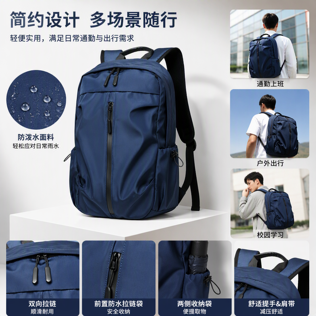 多功能休闲背包大容量防水学生旅行包深蓝色潮流款式男女通用