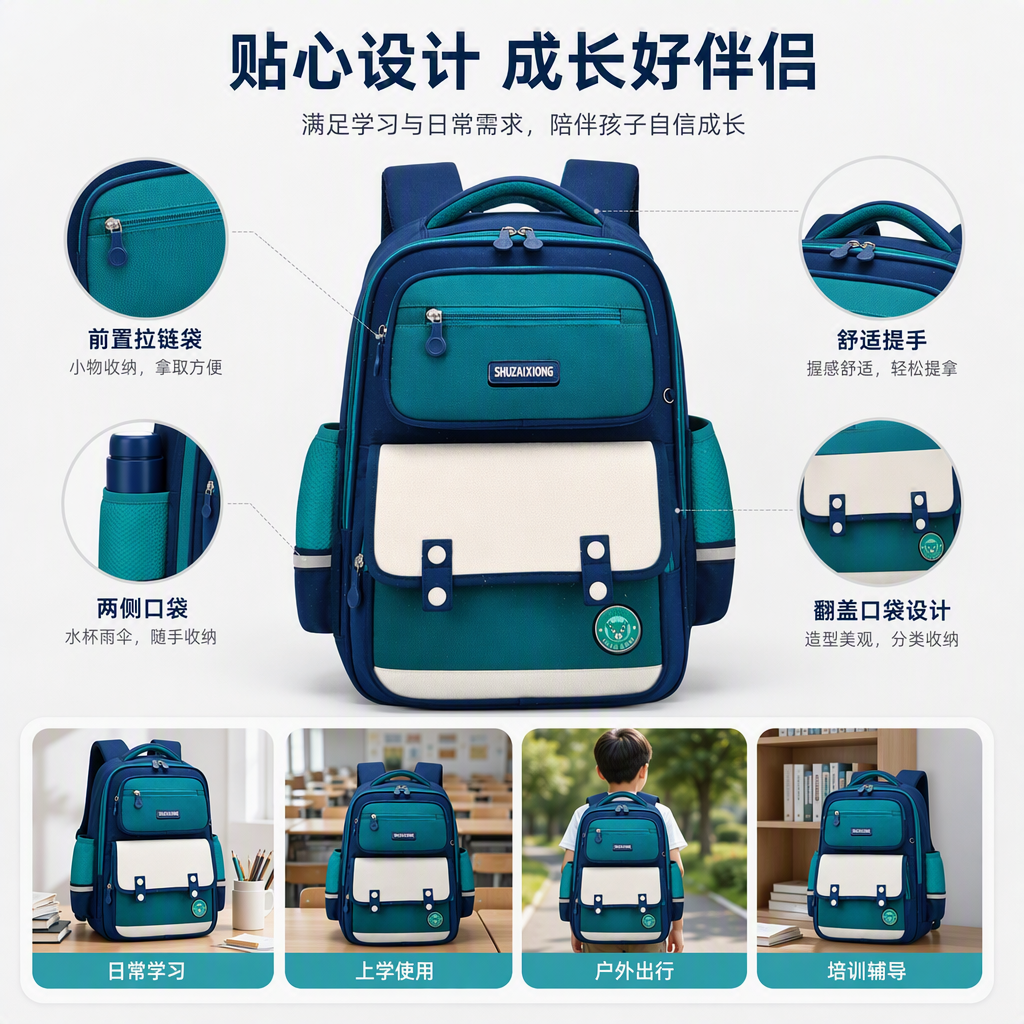 多彩拼色学生书包耐磨防水轻便大容量儿童书包校园用品