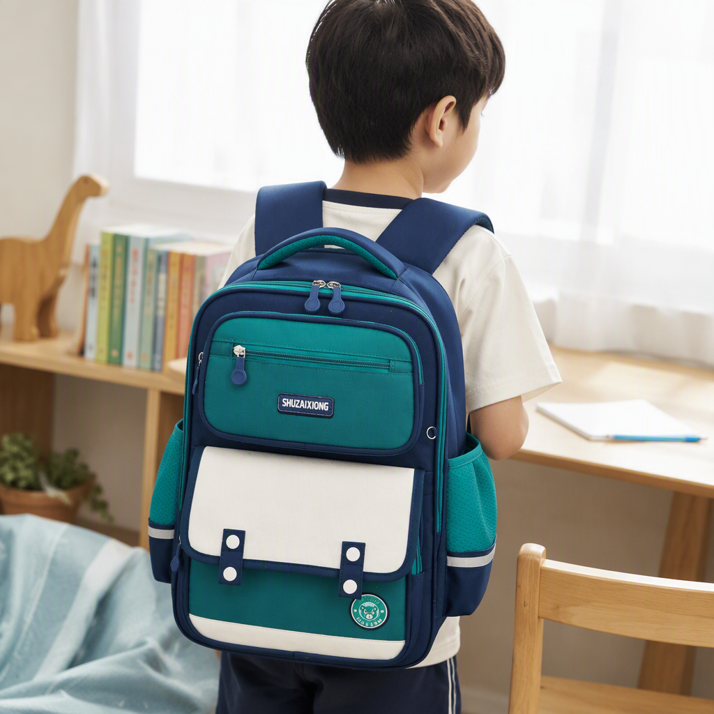 多彩拼色学生书包耐磨防水轻便大容量儿童书包校园用品产品图