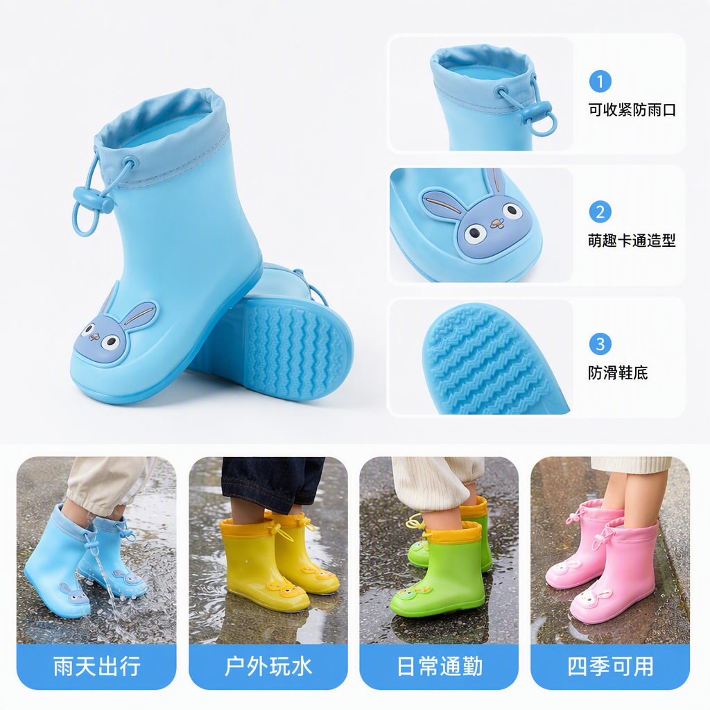 儿童防滑雨靴宝宝婴幼儿防水防风童鞋雨天必备柔软舒适防潮款式多样产品图