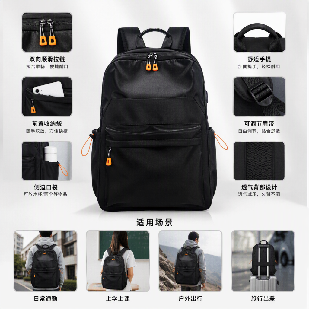 时尚百搭黑色双肩包大容量休闲背包男女通用学生书包潮流款式