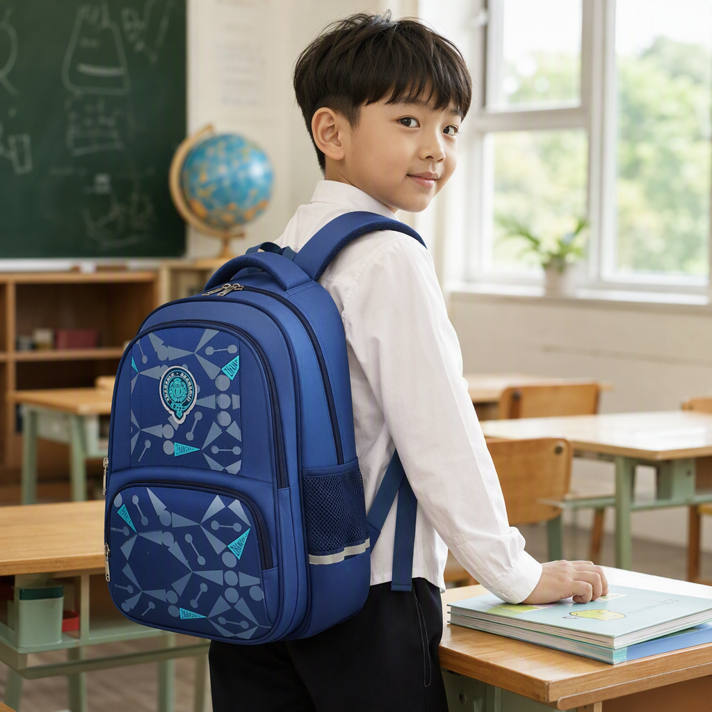 Student casual backpack, large-capacity waterproof blue campus bag, unisex trendy style details Picture