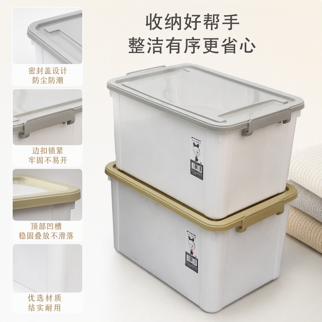 【CL】 26Q3#861  加厚塑料堆叠收纳箱白色塑料收纳盒周转箱布艺整理箱家用储物箱