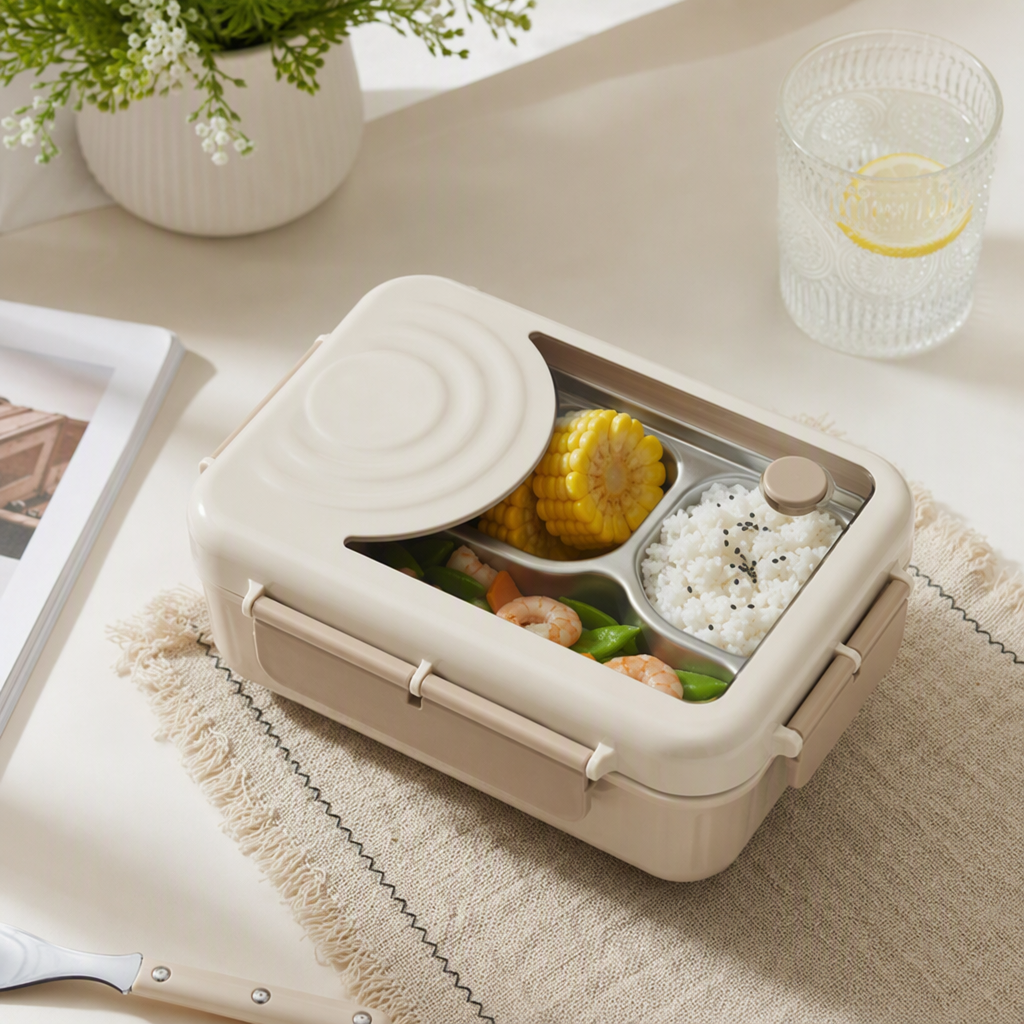 Multi-layer portable lunch box, large-capacity insulated lunch box, beige simple student and office tableware storage box details Picture