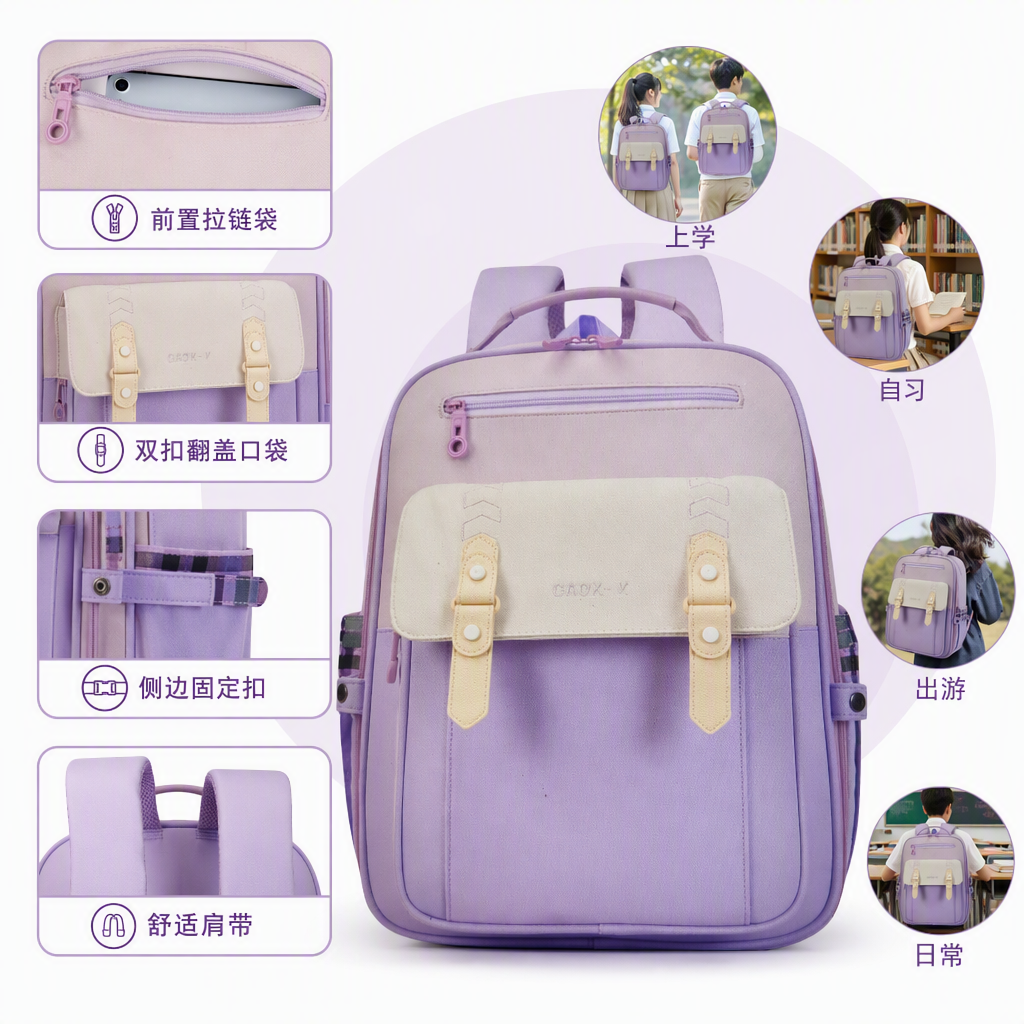 Moda versátil lila mochila de hombro de gran capacidad casual estudiante bolsa de escuela tendencia portátil para las mujeres
