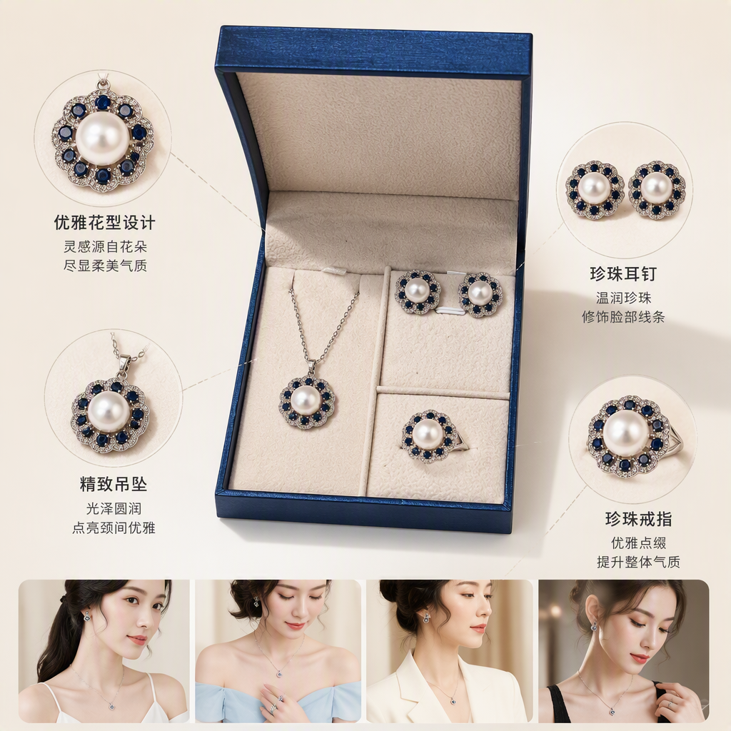 Caja de regalo azul conjunto de guirnaldas de perlas collar aretes anillos blanco brillante zafiro profundo brillante diamante fino ornamentos joyería de regalo