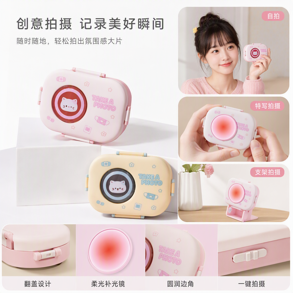 Pink and beige camera-shaped portable lunch box, creative tableware for children and students, cute bento box with lid