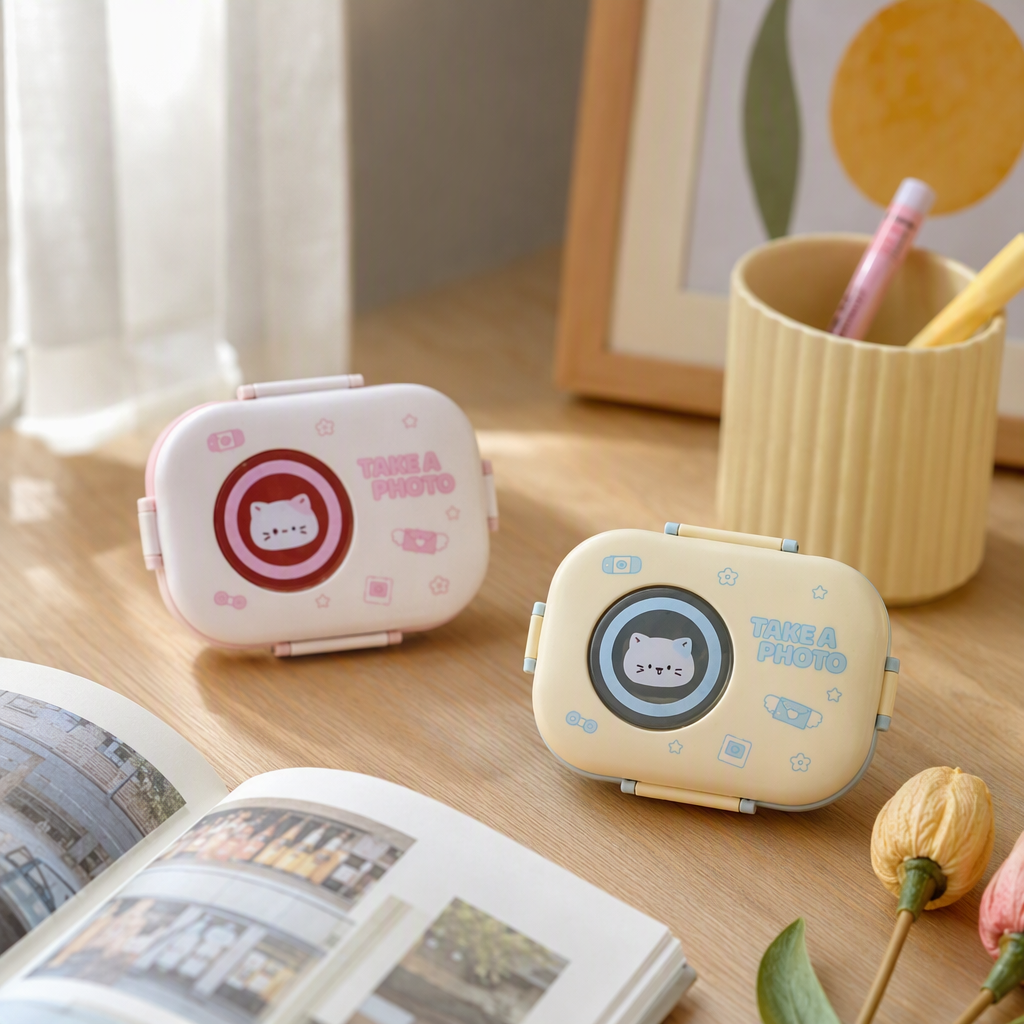 Pink and beige camera-shaped portable lunch box, creative tableware for children and students, cute bento box with lid details Picture