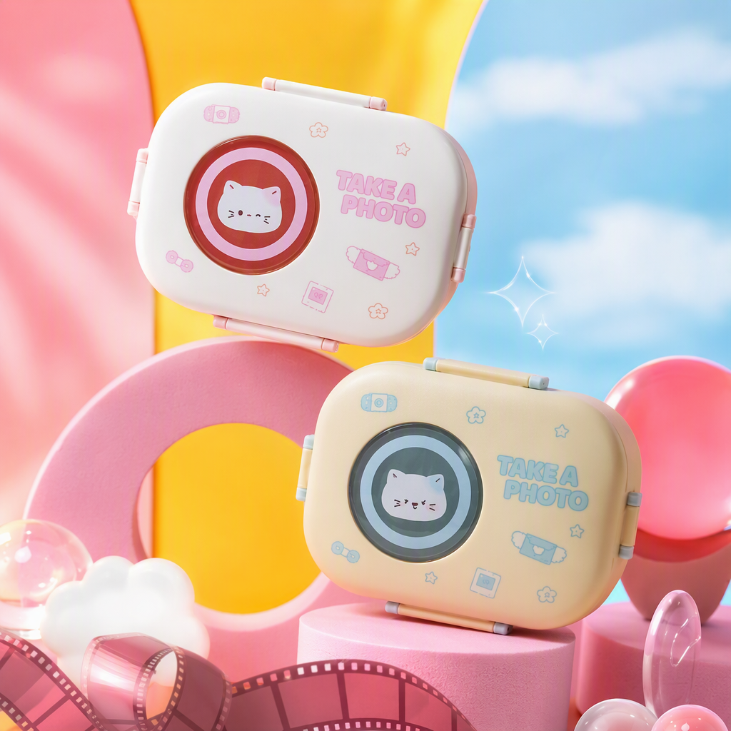 Pink and beige camera-shaped portable lunch box, creative tableware for children and students, cute bento box with lid Specification image