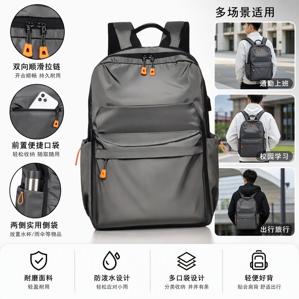 时尚百搭灰色双肩包大容量休闲背包学生书包男女通用潮流款