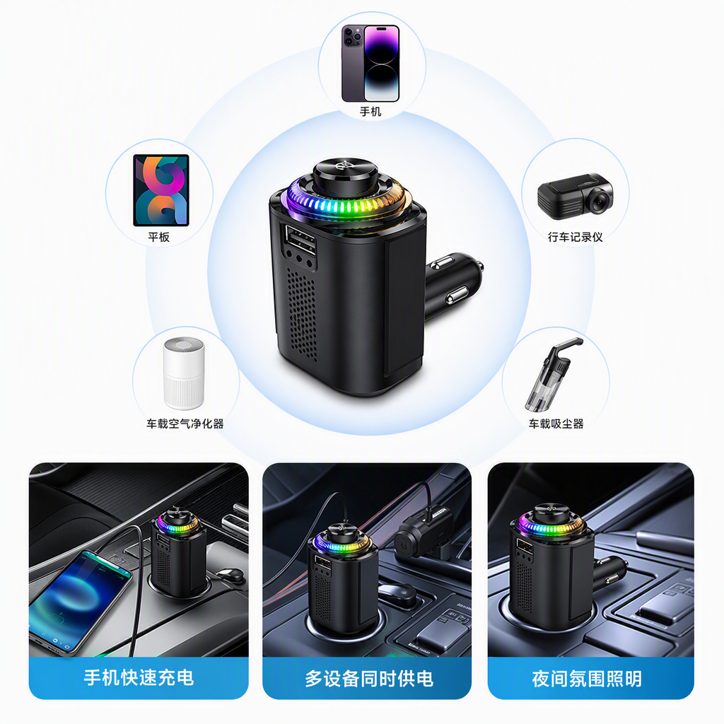 The multi-functional car charger with blue-green packaging is a portable car charger that charges quickly and is compatible with mobile phones and tablets