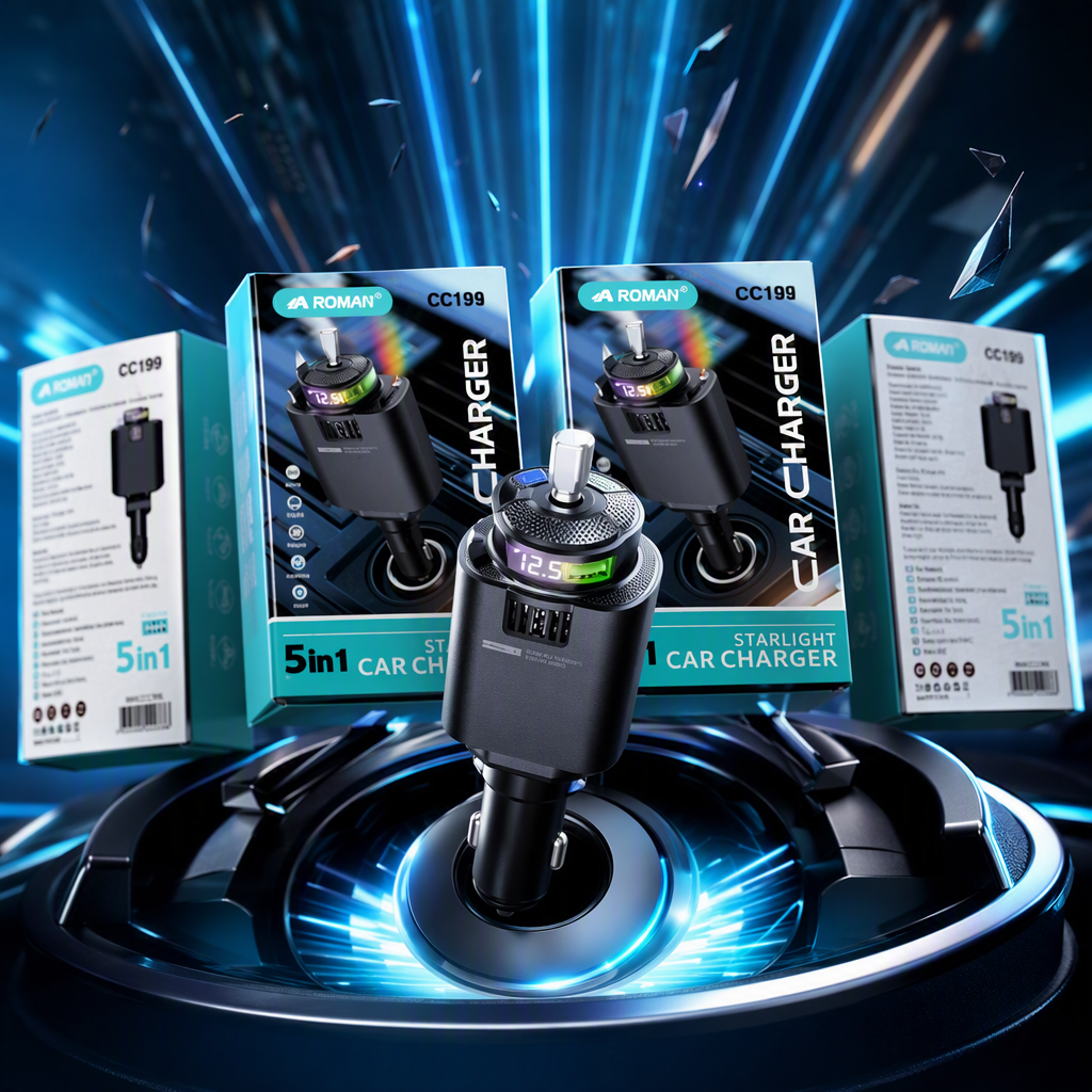 The multi-functional car charger with blue-green packaging is a portable car charger that charges quickly and is compatible with mobile phones and tablets Specification image