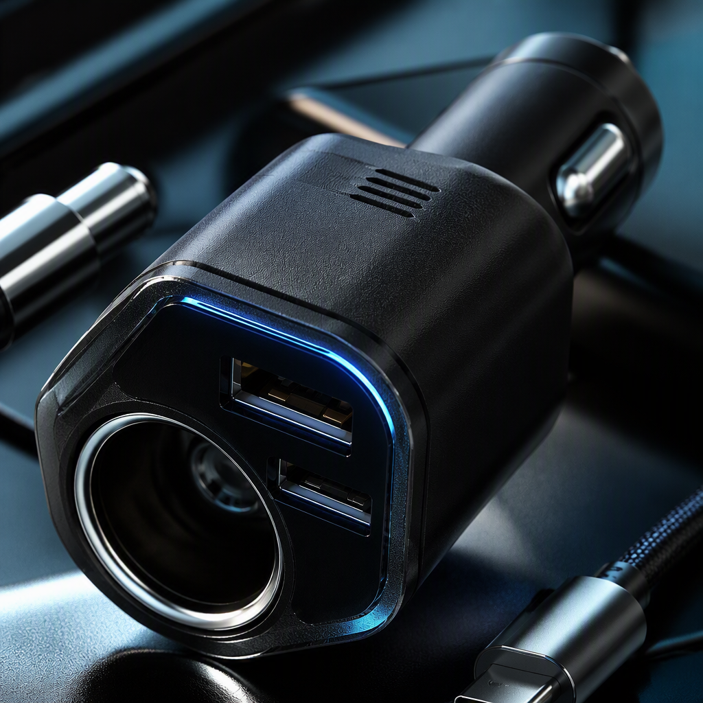 The multi-functional car charger with blue-green packaging is a portable car charger that charges quickly and is compatible with mobile phones and tablets Application Scenario