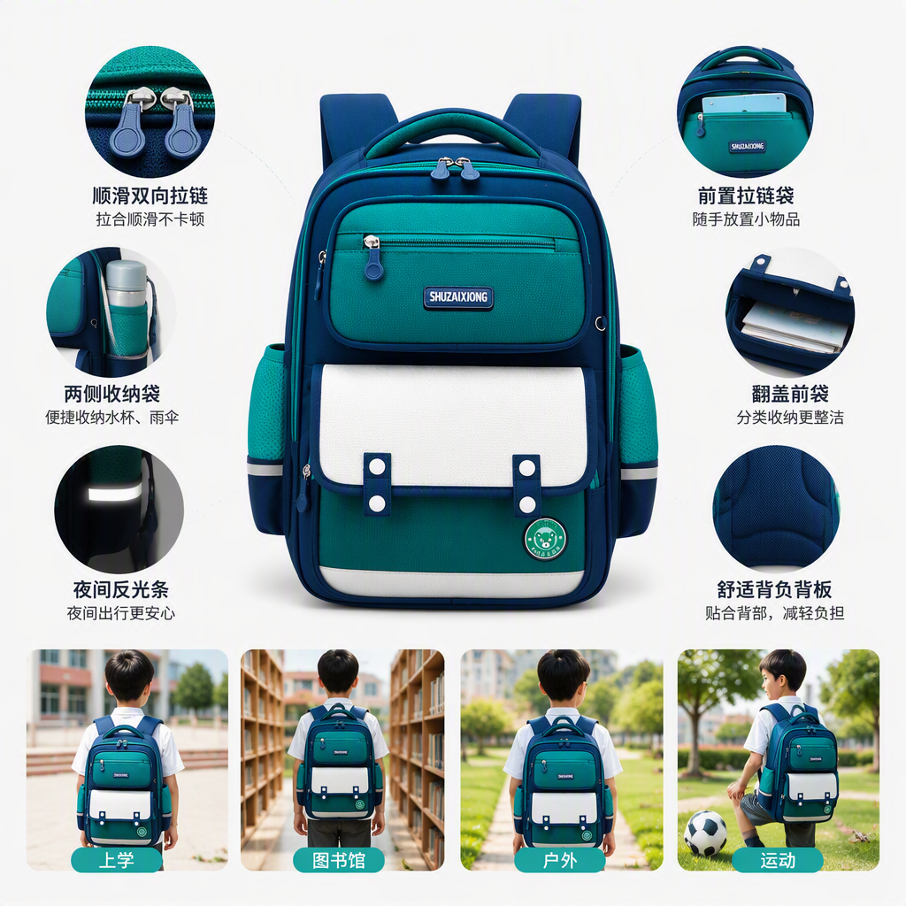 多彩撞色学生书包时尚潮流耐磨大容量儿童背包校园用品