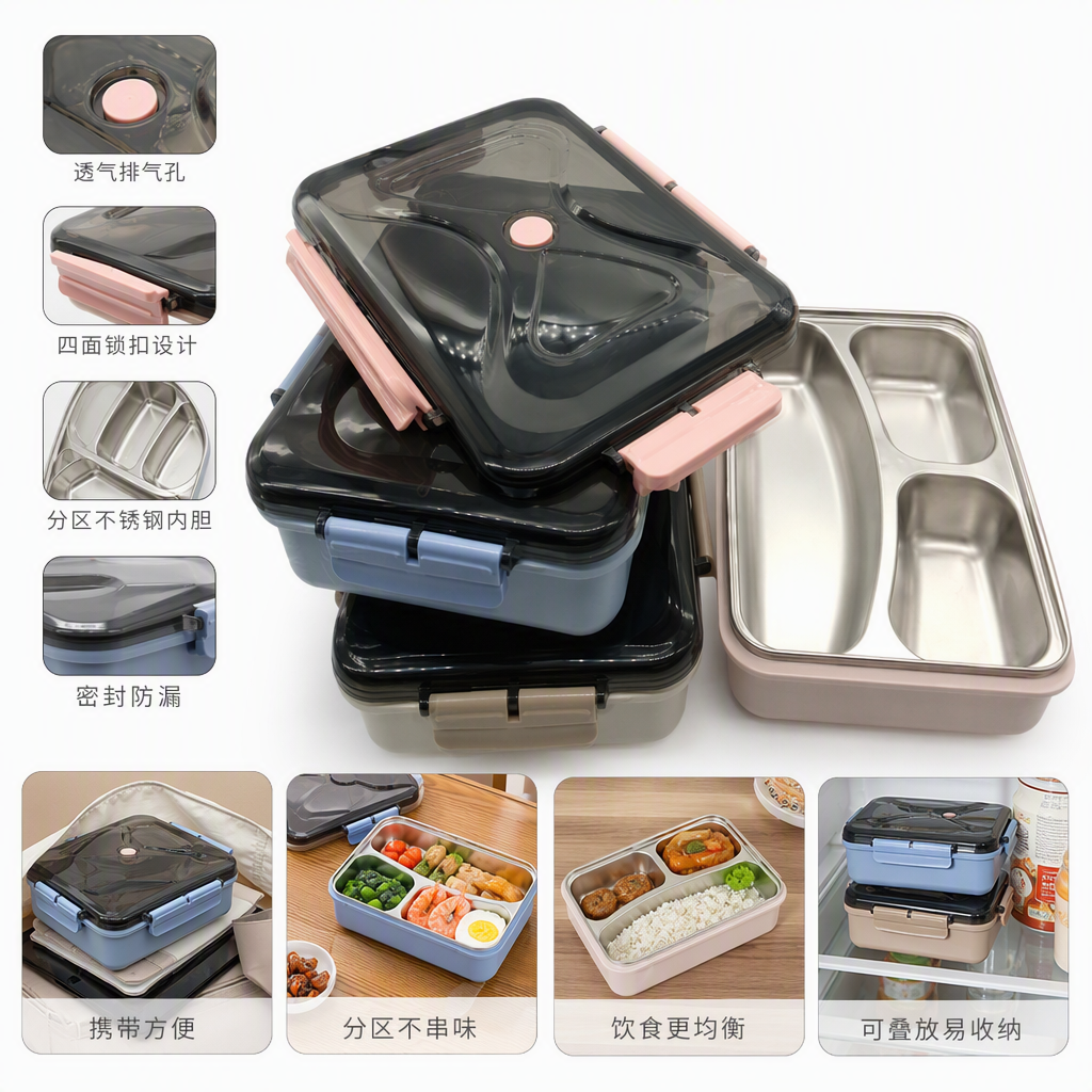 多功能黑色盖子饭盒带分格堆叠便携餐盘便当盒学生成人餐具收纳盒