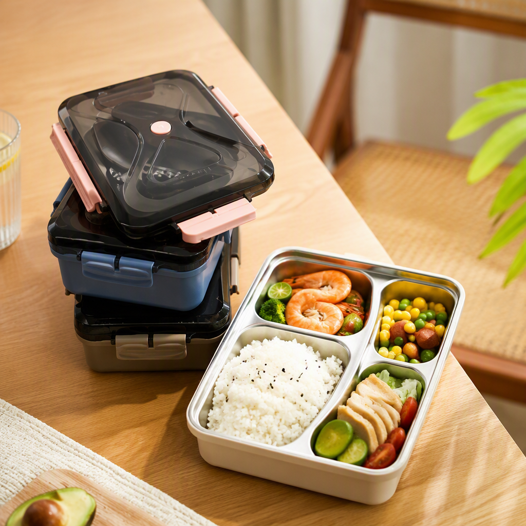 Multi-functional black lid lunch box with compartmentalized stacking portable plates, lunch box, student and adult tableware storage box details Picture