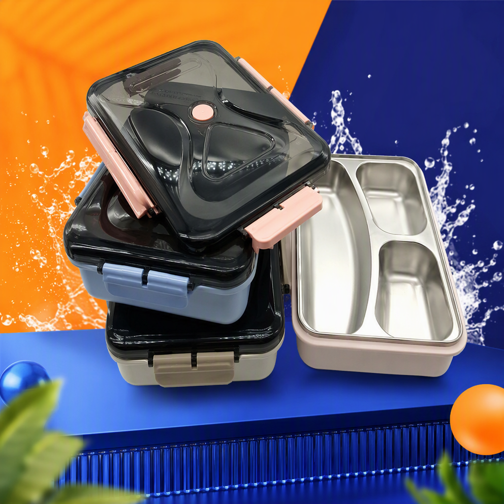 Multi-functional black lid lunch box with compartmentalized stacking portable plates, lunch box, student and adult tableware storage box Specification image