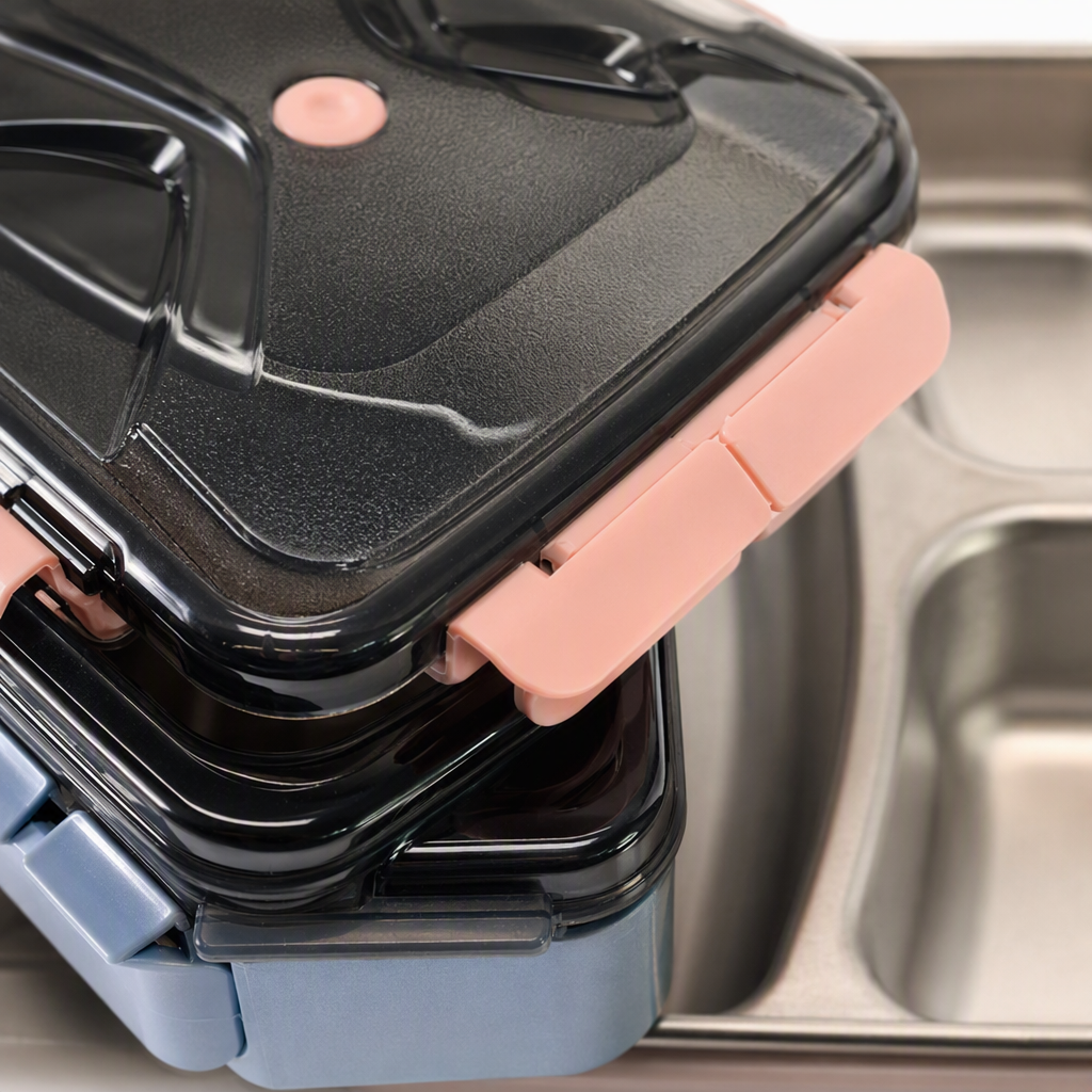 Multi-functional black lid lunch box with compartmentalized stacking portable plates, lunch box, student and adult tableware storage box Application Scenario