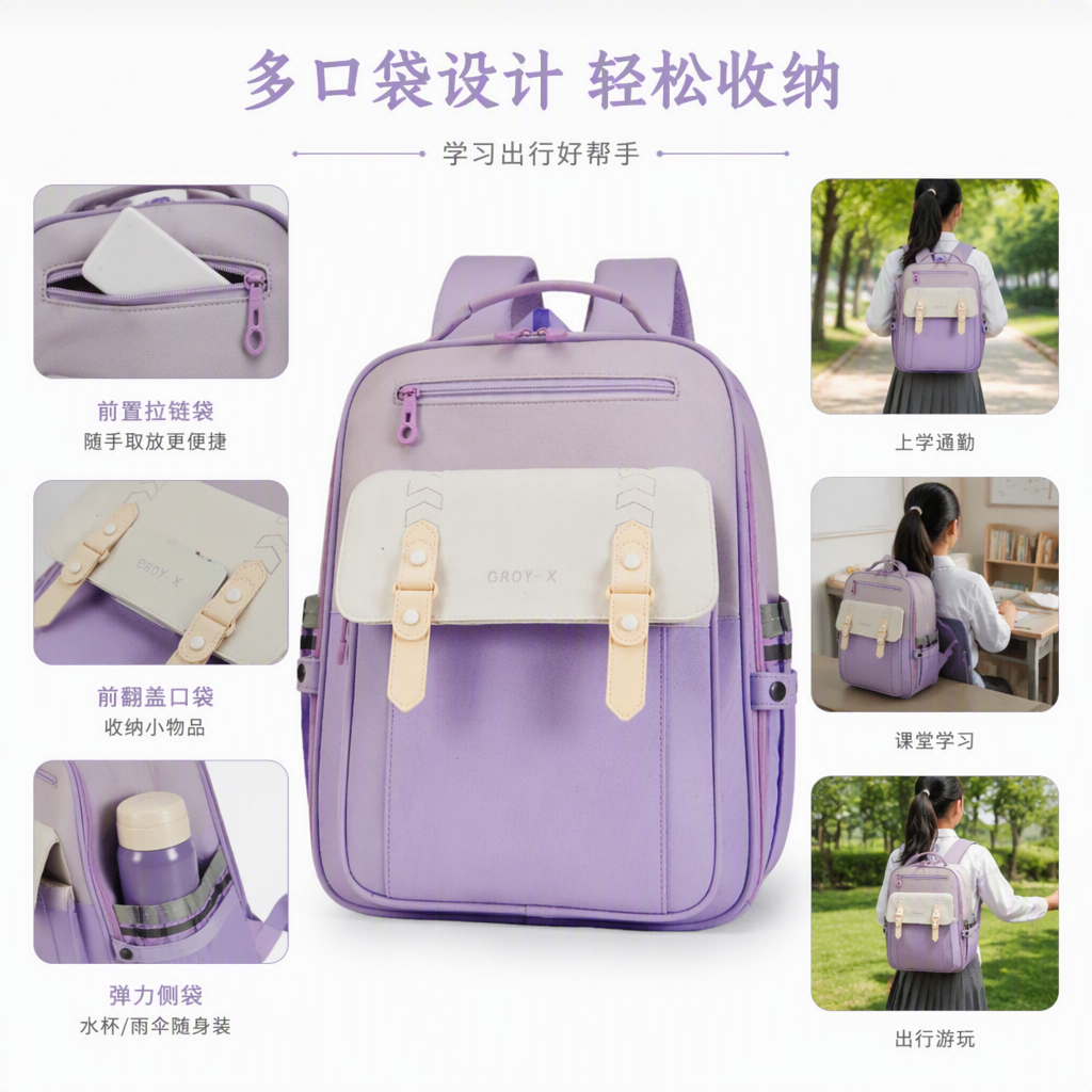 Moda versátil lila mochila mochila casual de gran capacidad mochila de estudiante tendencia portátil estilo de las mujeres