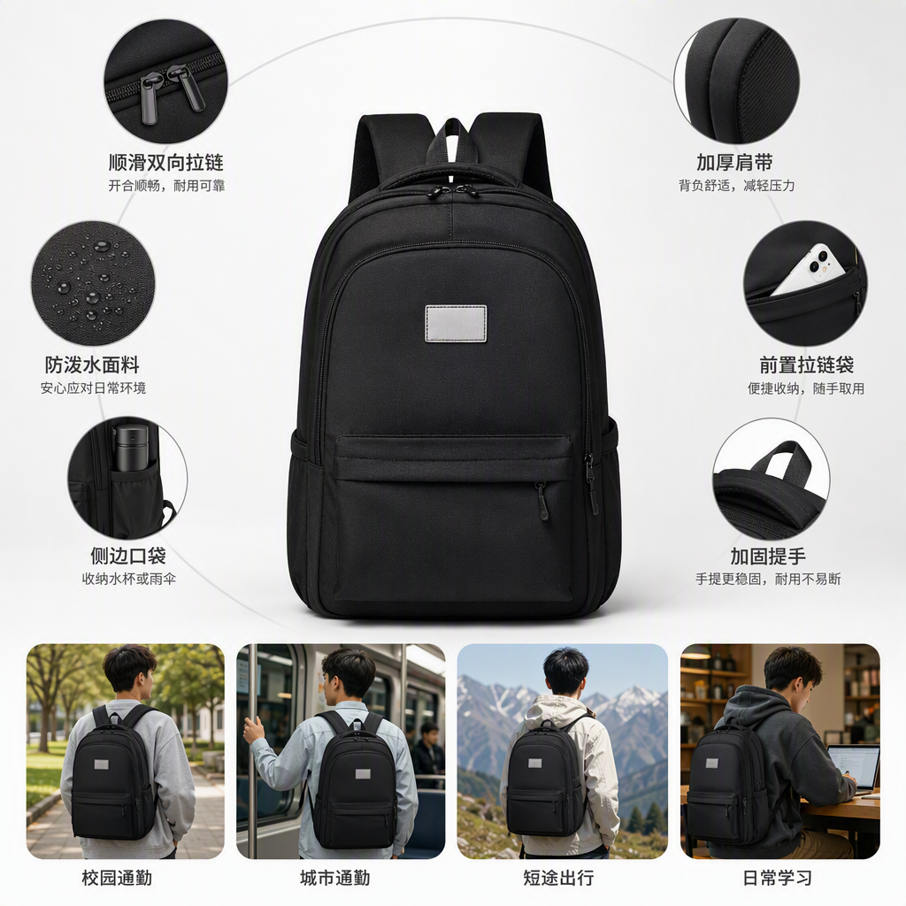 Mochila casual de moda multifuncional para hombres bolsa de viaje deportiva de estudiante negro de gran capacidad tendencia versátil