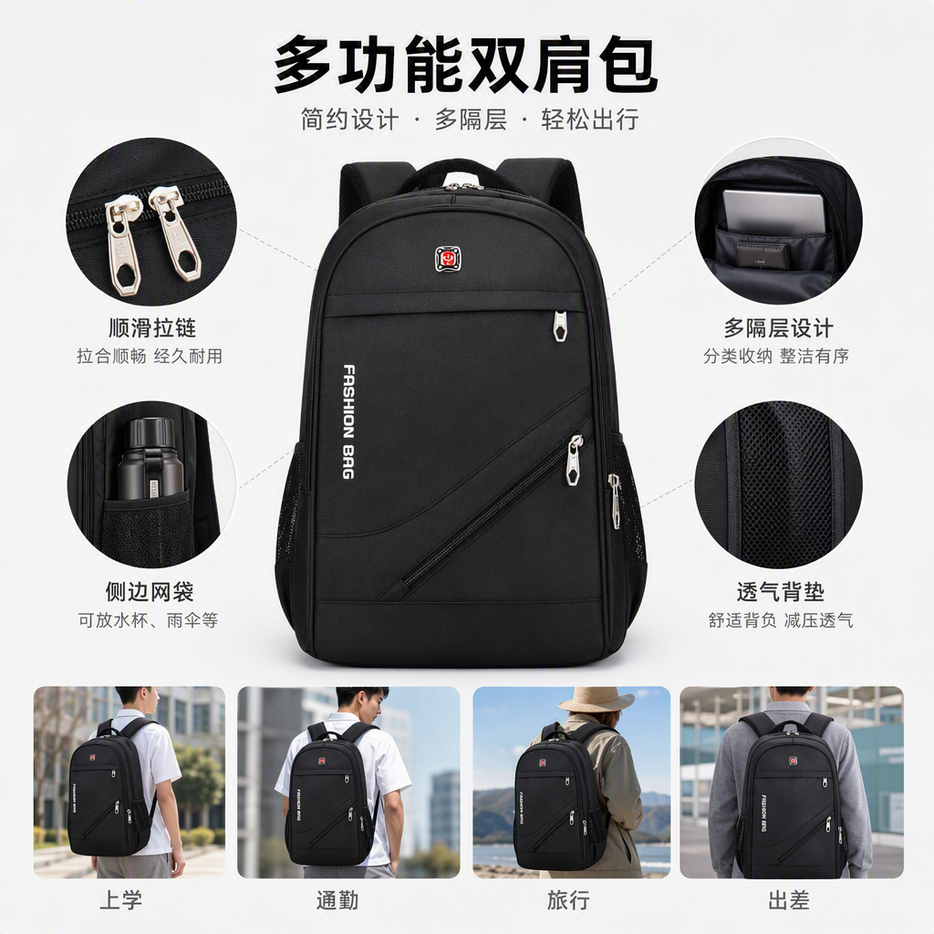 Moda versátil mochila de gran capacidad para hombres y mujeres estudiantes viajes casual mochila negra tendencia mochila bolsa