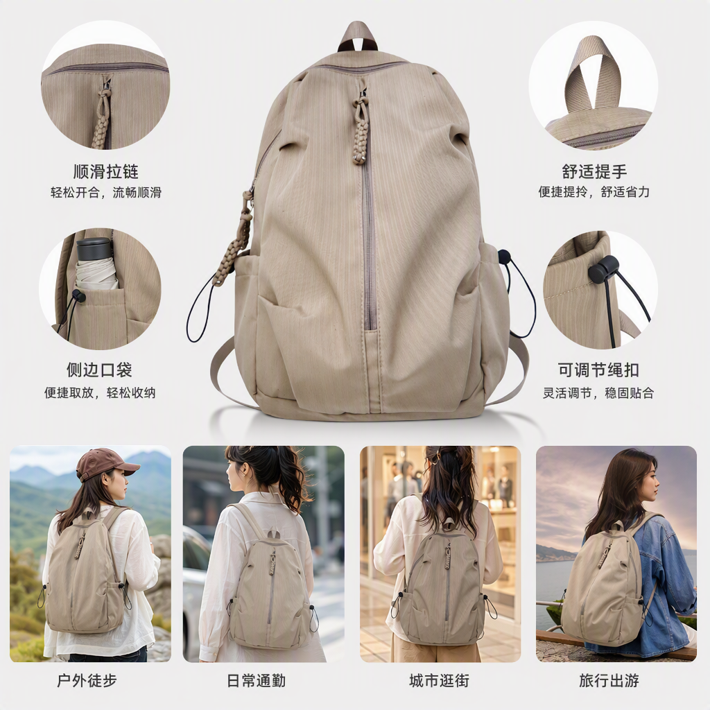 Moda casual beige rayas mochila de gran capacidad estudiante mochila de viaje tendencia versátil