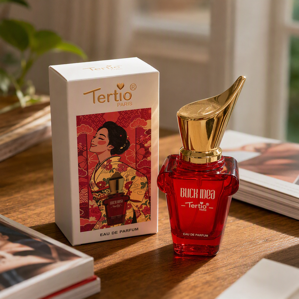 Fashionable red perfume bottle, golden nozzle, white packaging box, exquisite gift box set for women's fragrance and perfume details Picture