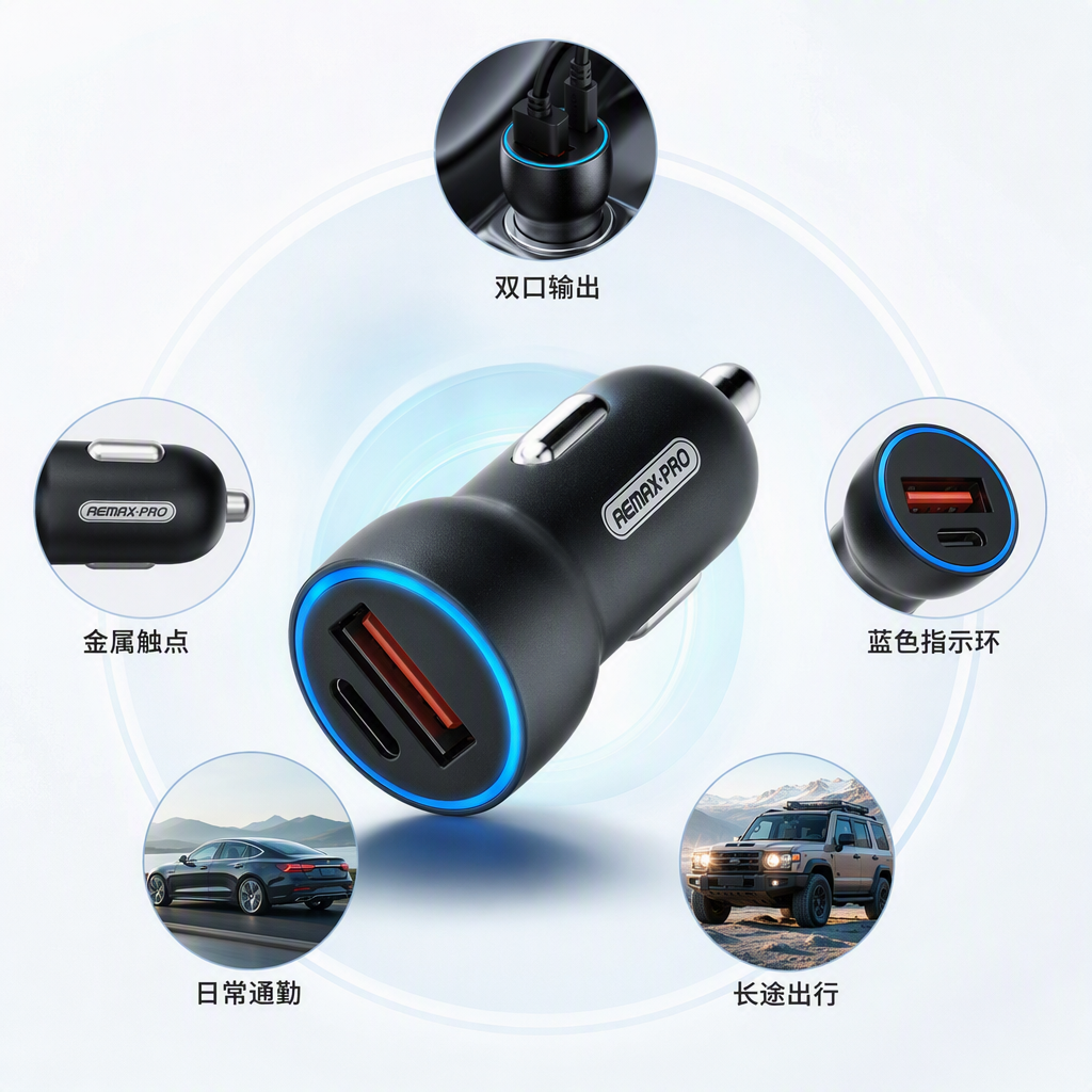 The multi-functional black car charger is suitable for fast charging of mobile phones, tablets and car cigarette lighters. It can be used for two purposes at once