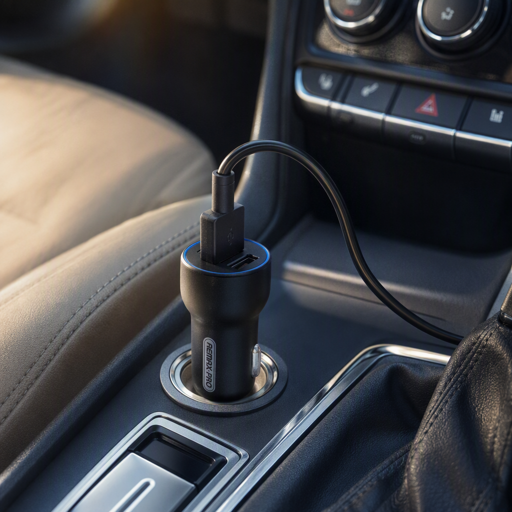 The multi-functional black car charger is suitable for fast charging of mobile phones, tablets and car cigarette lighters. It can be used for two purposes at once details Picture