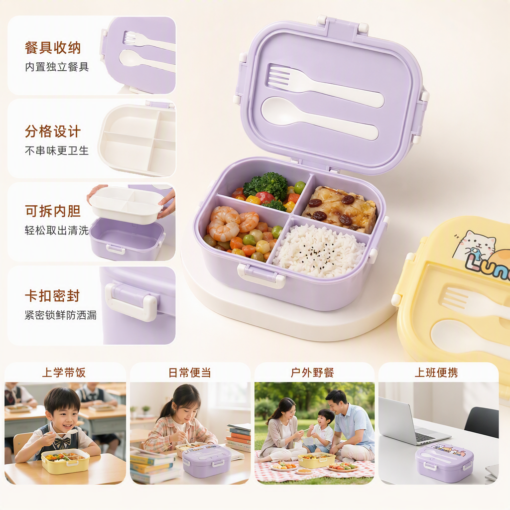Colorful cartoon bento box, children's tableware, student lunch box, creative portable storage box with compartments, durable and cute style