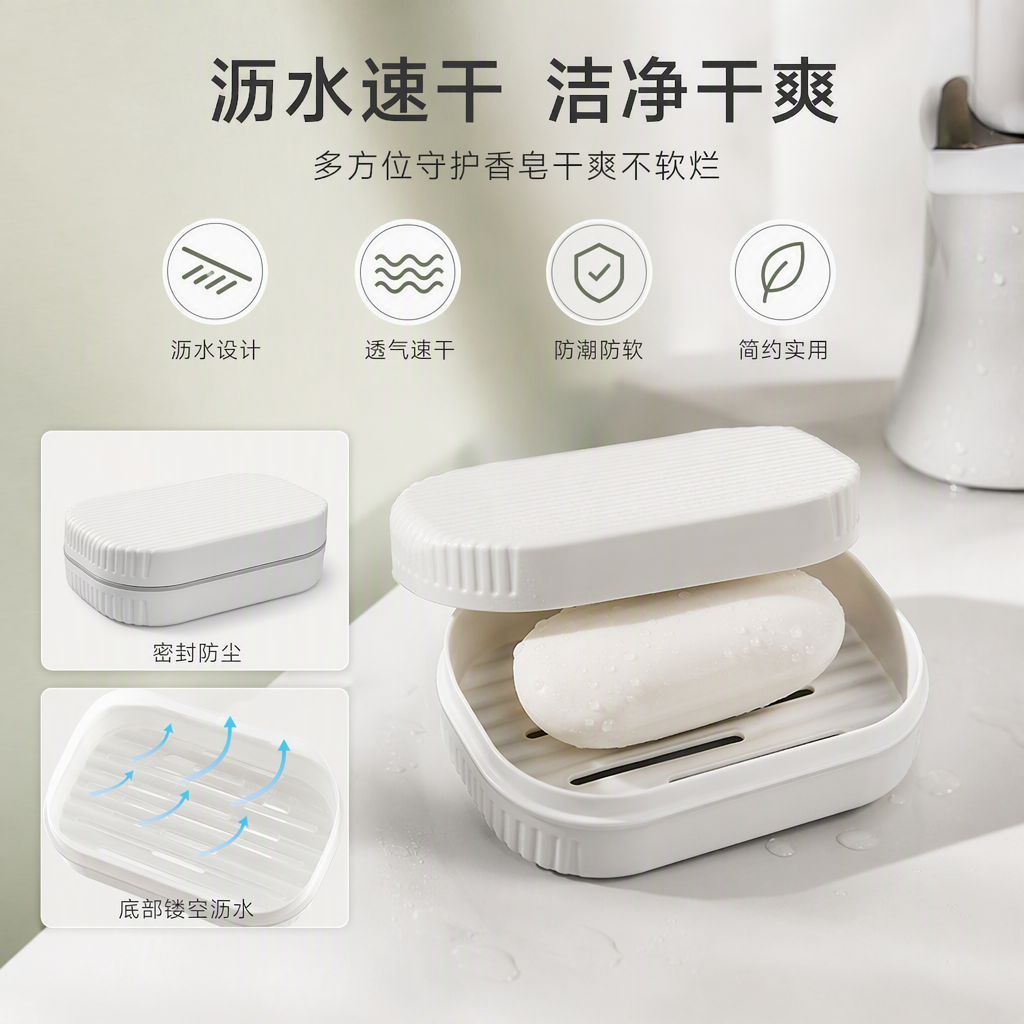 【CL】26Q3#028 White ceramic soap box, draining rack with lid, laundry detergent storage, foaming net, bath products storage box