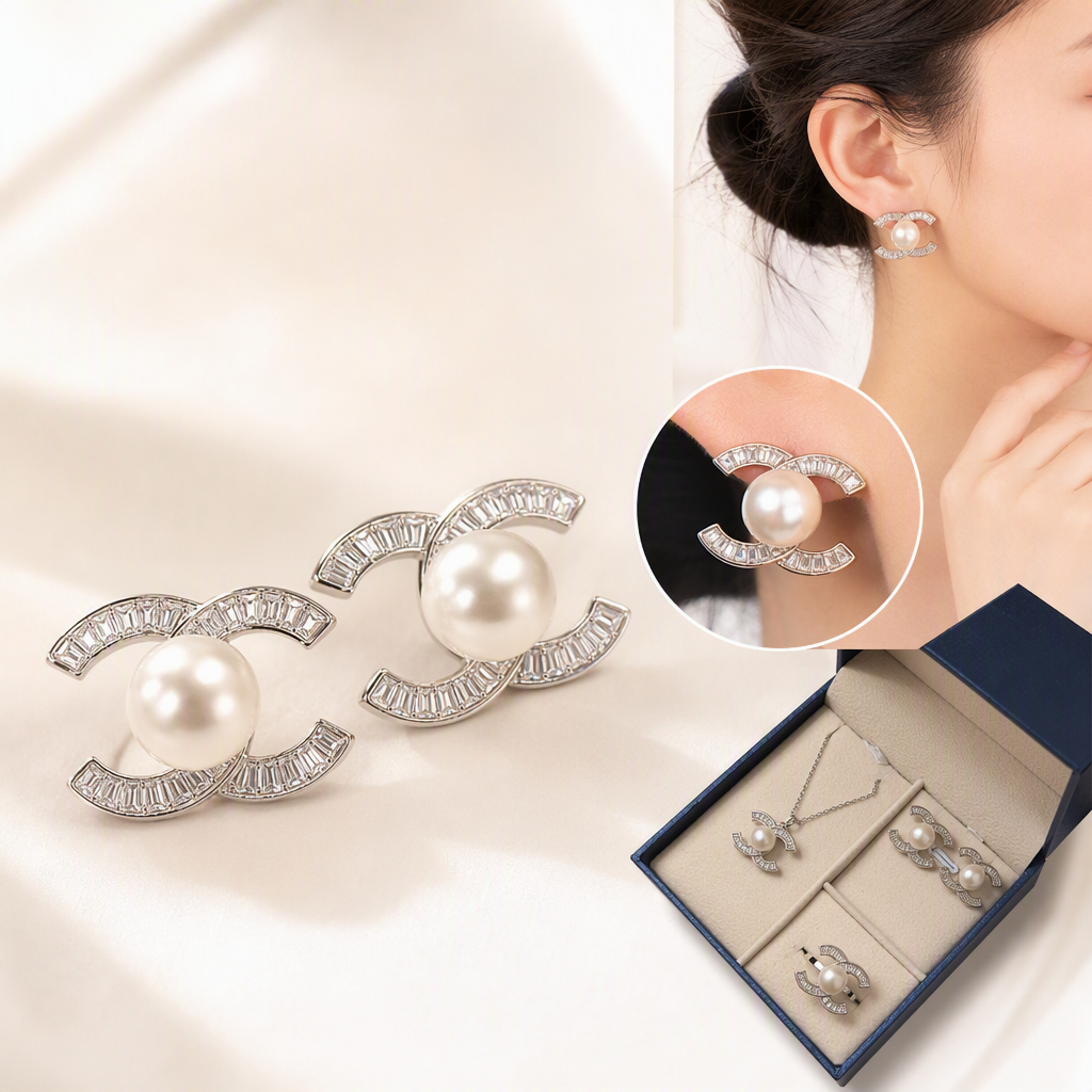 Fashionable silver double C pearl stud earrings, simple and versatile, elegant earrings for women, gift matching, elegant style