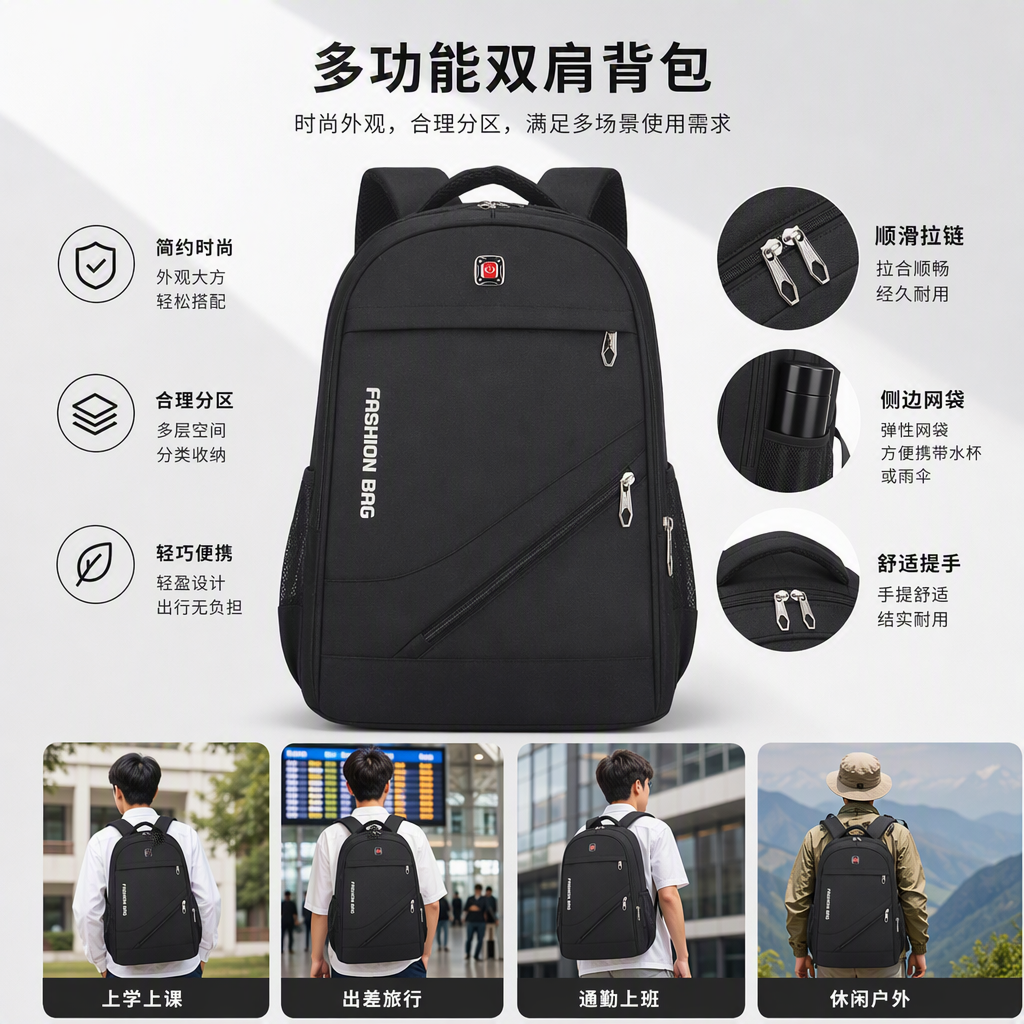 Moda versátil mochila negra mochila de estudiante de gran capacidad bolsa de viaje casual unisex estilo de tendencia