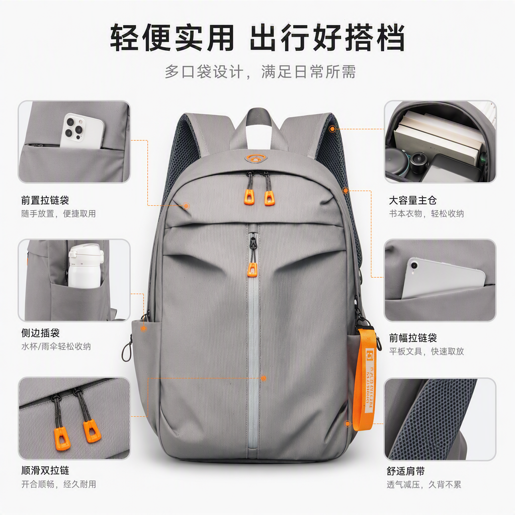 Moda casual mochila de hombro unisex bolsa de viaje de estudiante de gran capacidad gris estilo de tendencia
