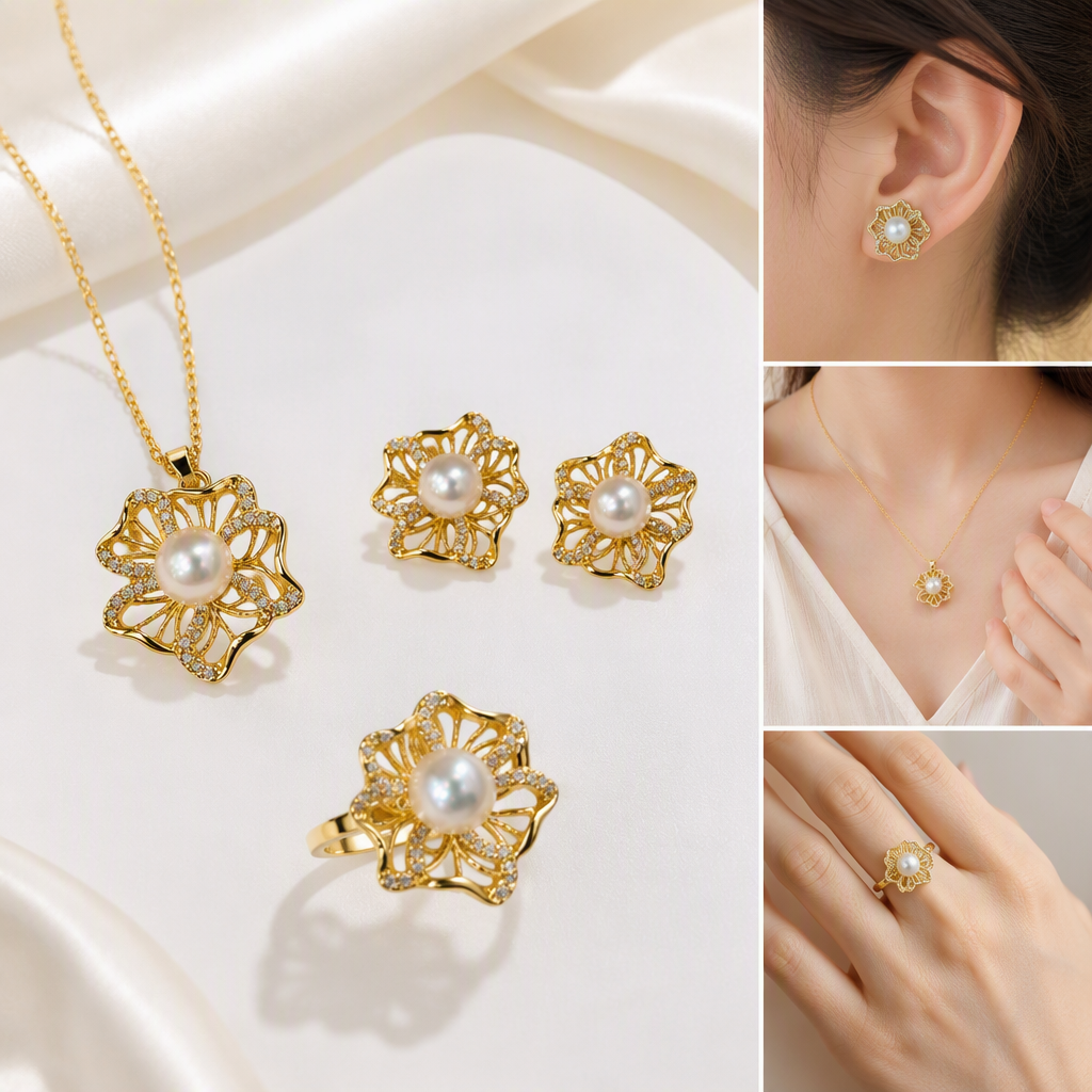 Golden flower-shaped pearl jewelry set, elegant and refined, necklace, earrings, bracelet, women's accessories gift box set