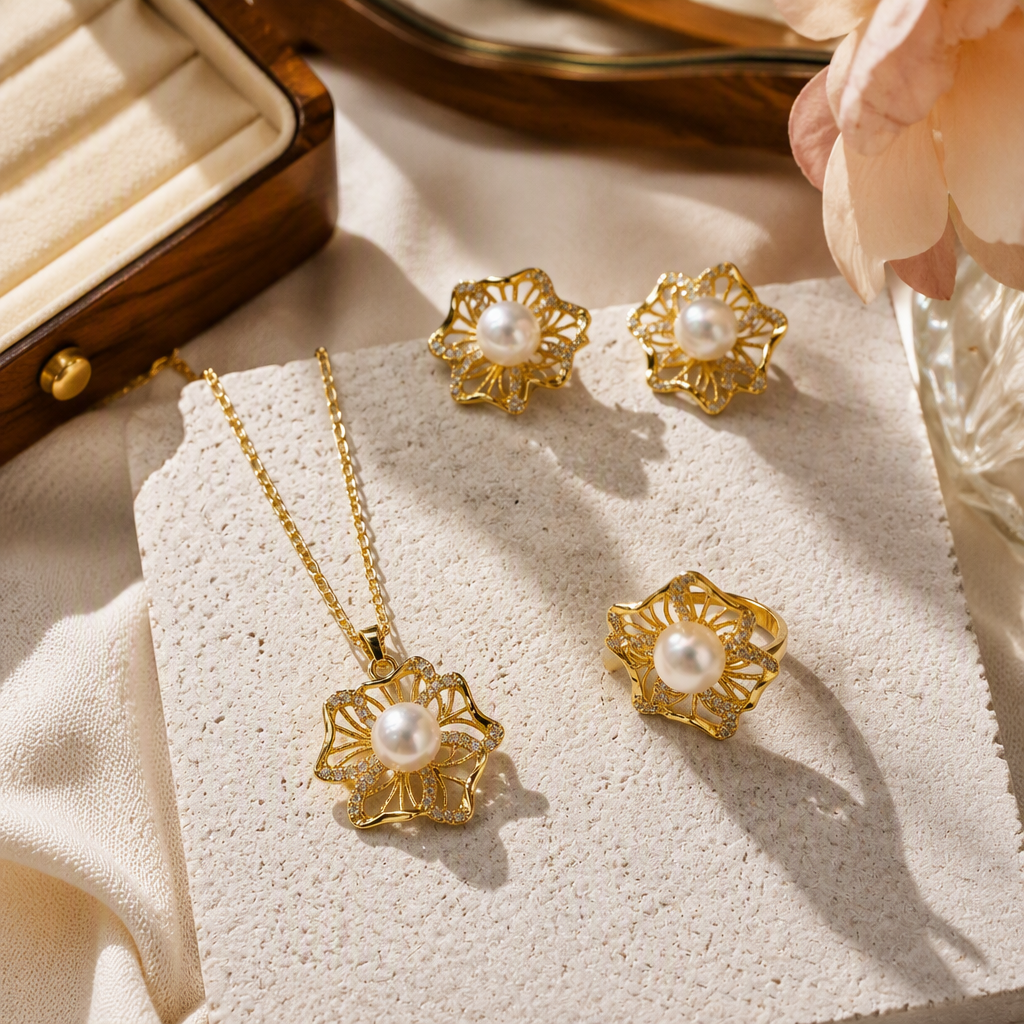 Golden flower-shaped pearl jewelry set, elegant and refined, necklace, earrings, bracelet, women's accessories gift box set details Picture