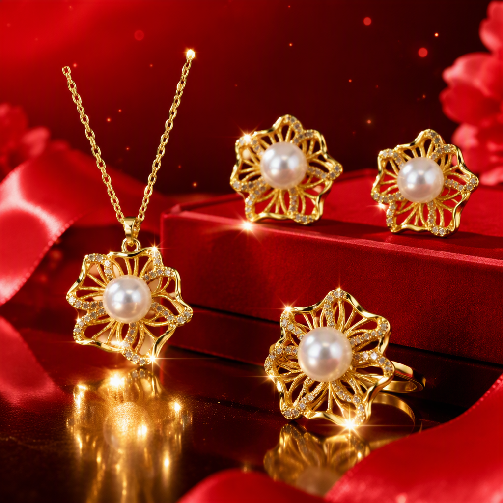 Golden flower-shaped pearl jewelry set, elegant and refined, necklace, earrings, bracelet, women's accessories gift box set Specification image