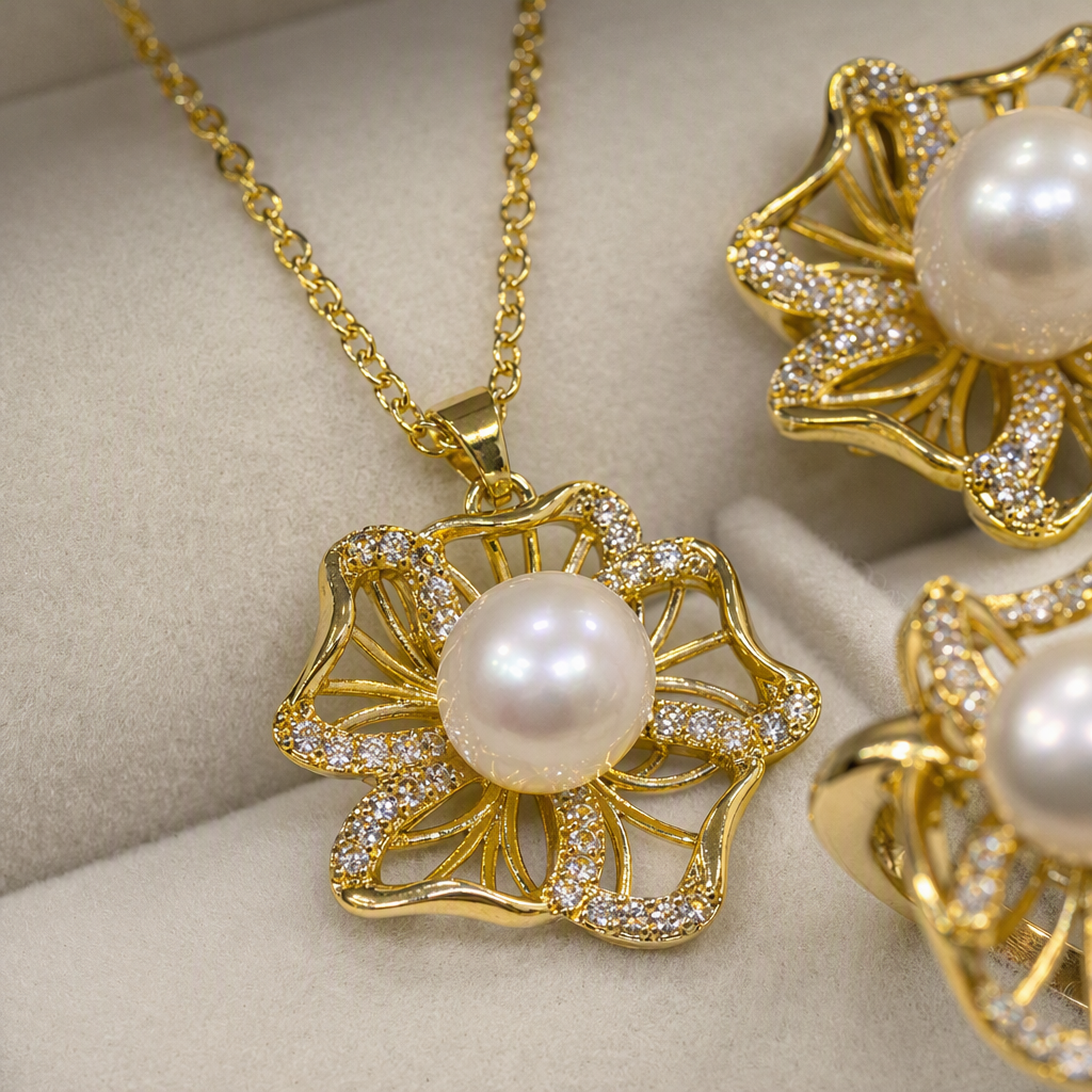 Golden flower-shaped pearl jewelry set, elegant and refined, necklace, earrings, bracelet, women's accessories gift box set Application Scenario