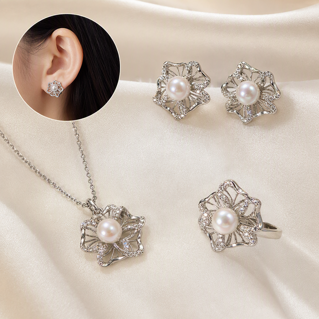 The silver flower pearl jewelry set is fashionable, elegant and versatile, making it a perfect gift for girls