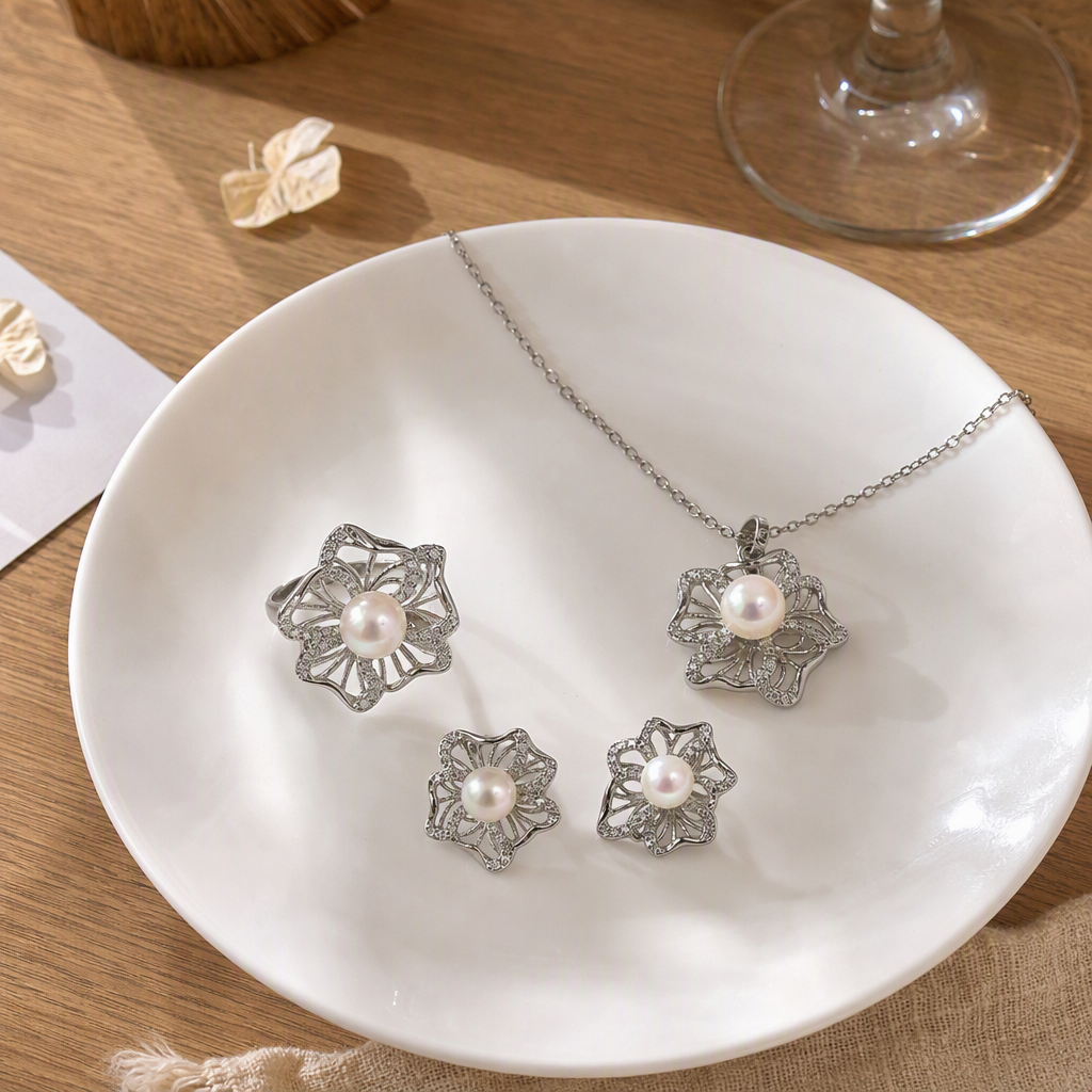 The silver flower pearl jewelry set is fashionable, elegant and versatile, making it a perfect gift for girls details Picture