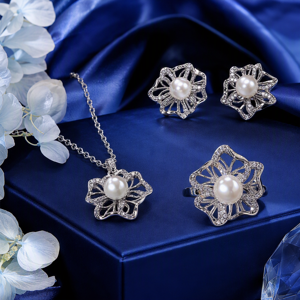 The silver flower pearl jewelry set is fashionable, elegant and versatile, making it a perfect gift for girls Specification image