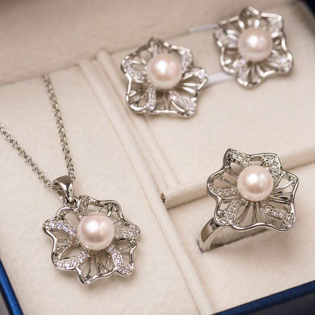 The silver flower pearl jewelry set is fashionable, elegant and versatile, making it a perfect gift for girls Application Scenario
