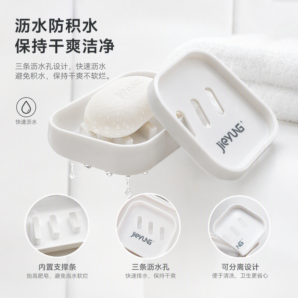 【CL】26Q3#022 White ceramic soap box, draining rack with lid, laundry detergent storage, foaming net, bath products storage box