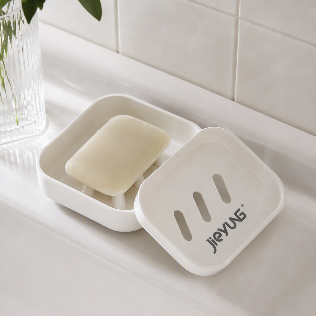 【CL】26Q3#022 White ceramic soap box, draining rack with lid, laundry detergent storage, foaming net, bath products storage box details Picture