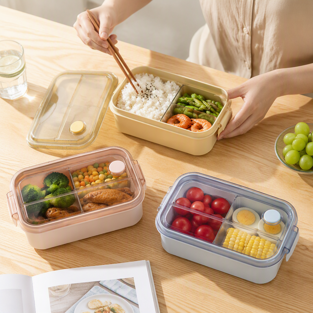 Colorful compartments portable lunch box, student lunch box, children's lunch box, plastic tableware storage box with lid, large-capacity lunch box details Picture